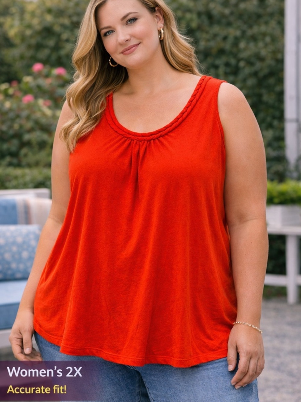 Just My Size Red Sleeveless Top with Braided Neckline 2X